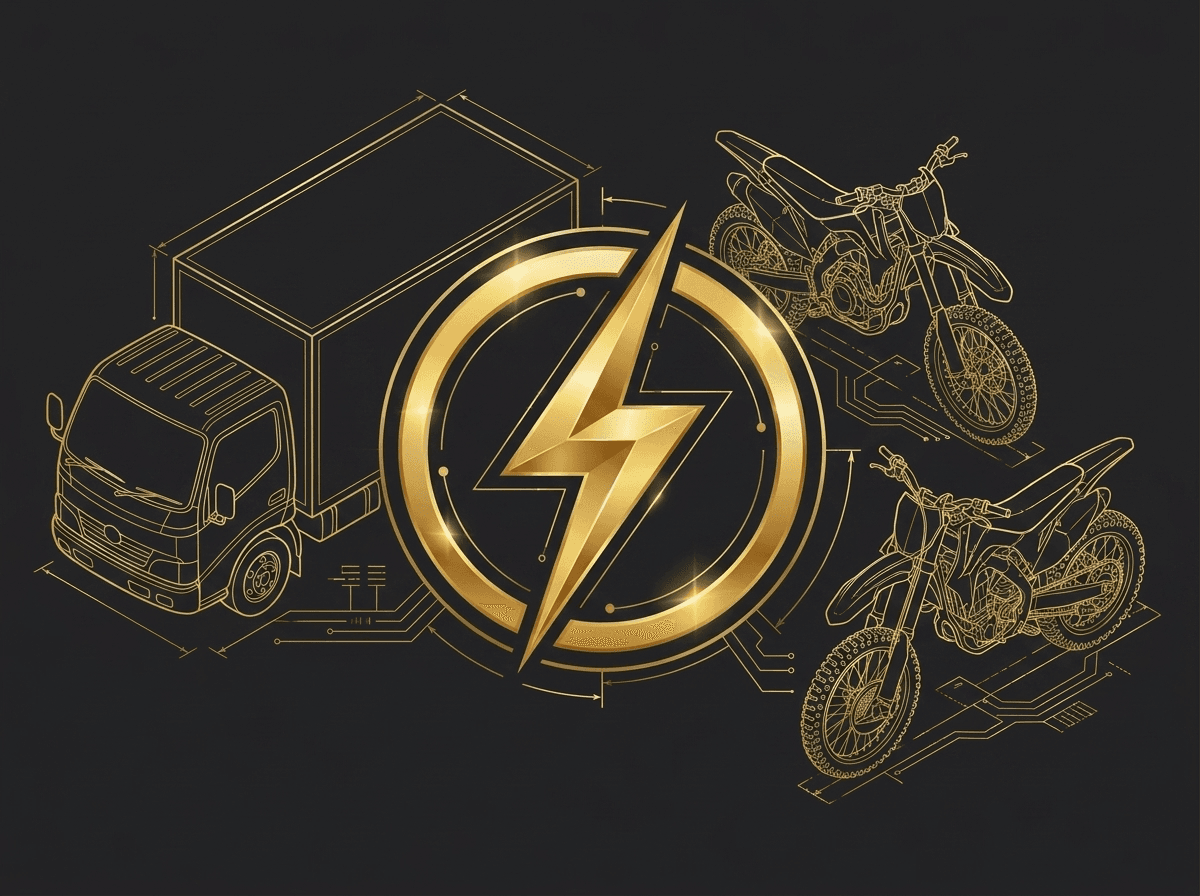 Gold lightning bolt between blueprint drawings of a truck and two dirt bikes