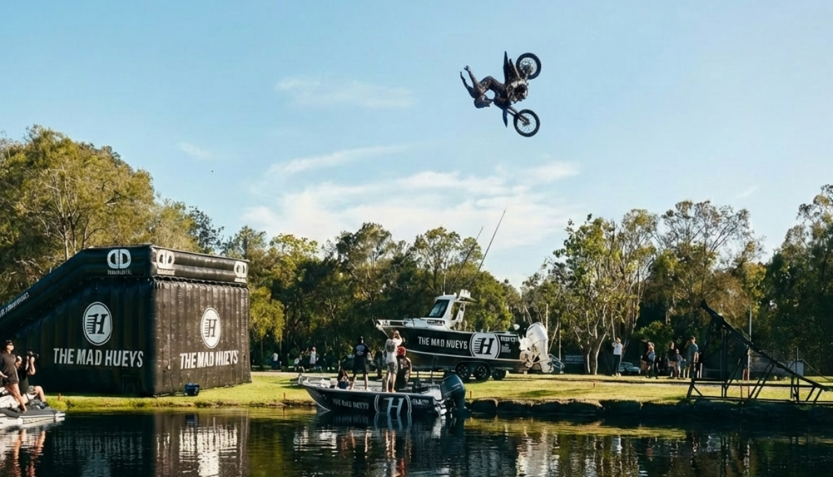 Scott "TOPDOG" Fitzgerald flipping his dirt bike over The Mad Hueys boats at a lakeside event
